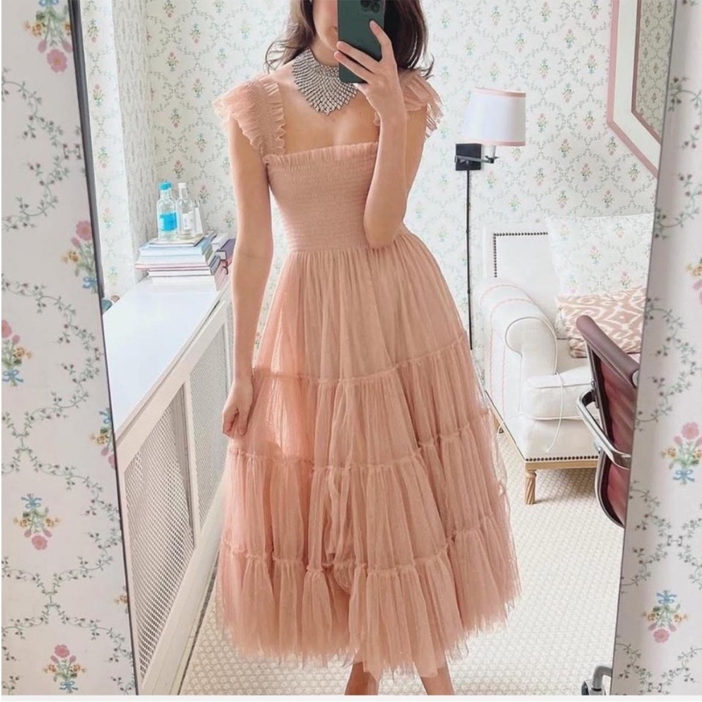 Elegant Pink Tiered Tulle Midi Dress - Women